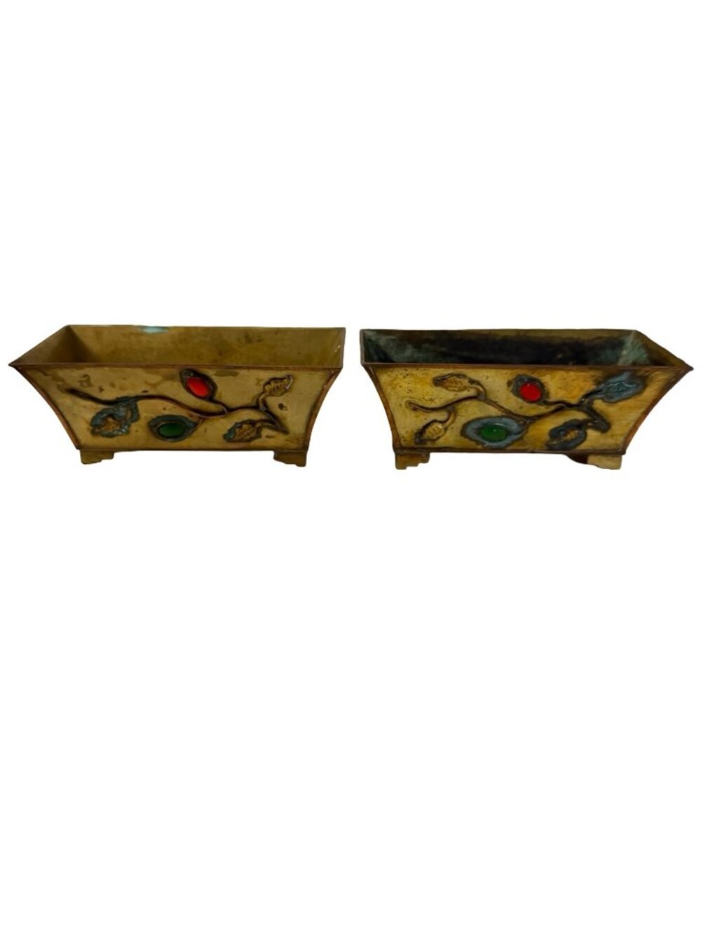 Vintage Brass Enamel Planters Set of 2 Rectangular Cachepot Trinket Dishes China